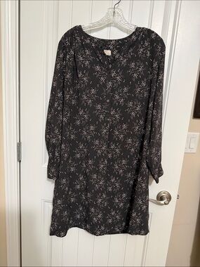 LOFT Black Floral Button-Neck Tunic Dress